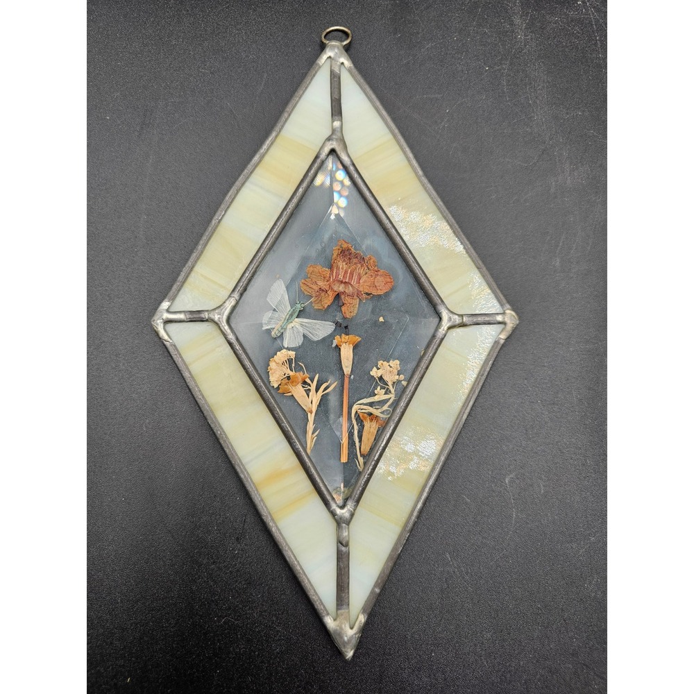 Vintage Stained Glass Suncatcher Pressed Flower Butterfly Diamond Slag Glass
